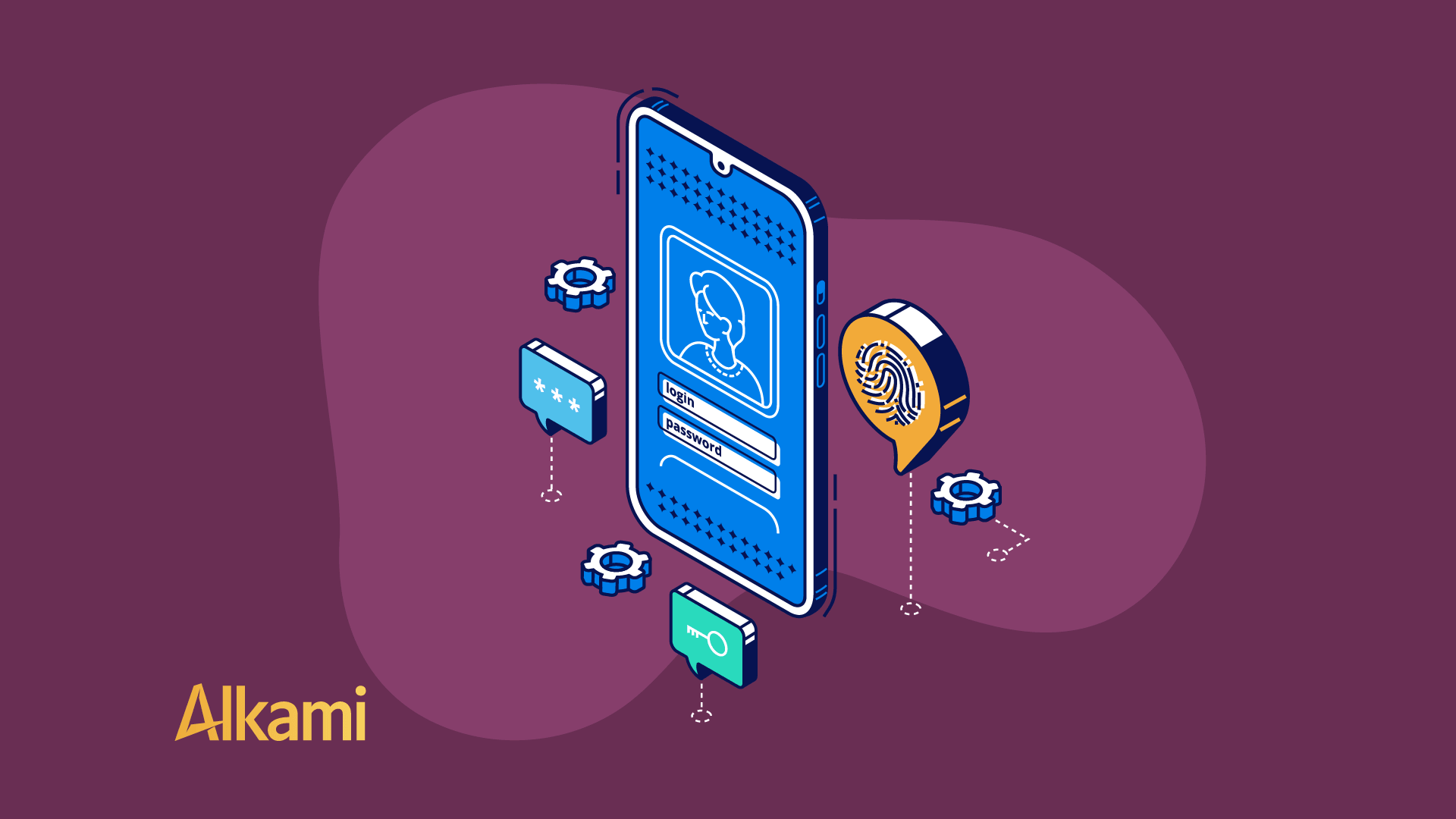 Isometric graphic of a mobile login screen with password fields, a fingerprint icon, and security gears behind the device.