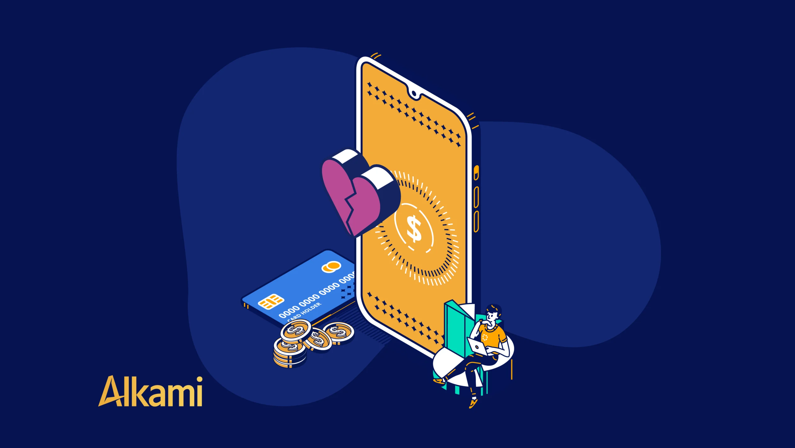 Fintech illustration: a large smartphone with a dollar symbol on the screen, a credit card, coins, and a person using a laptop to represent digital payments and online banking.