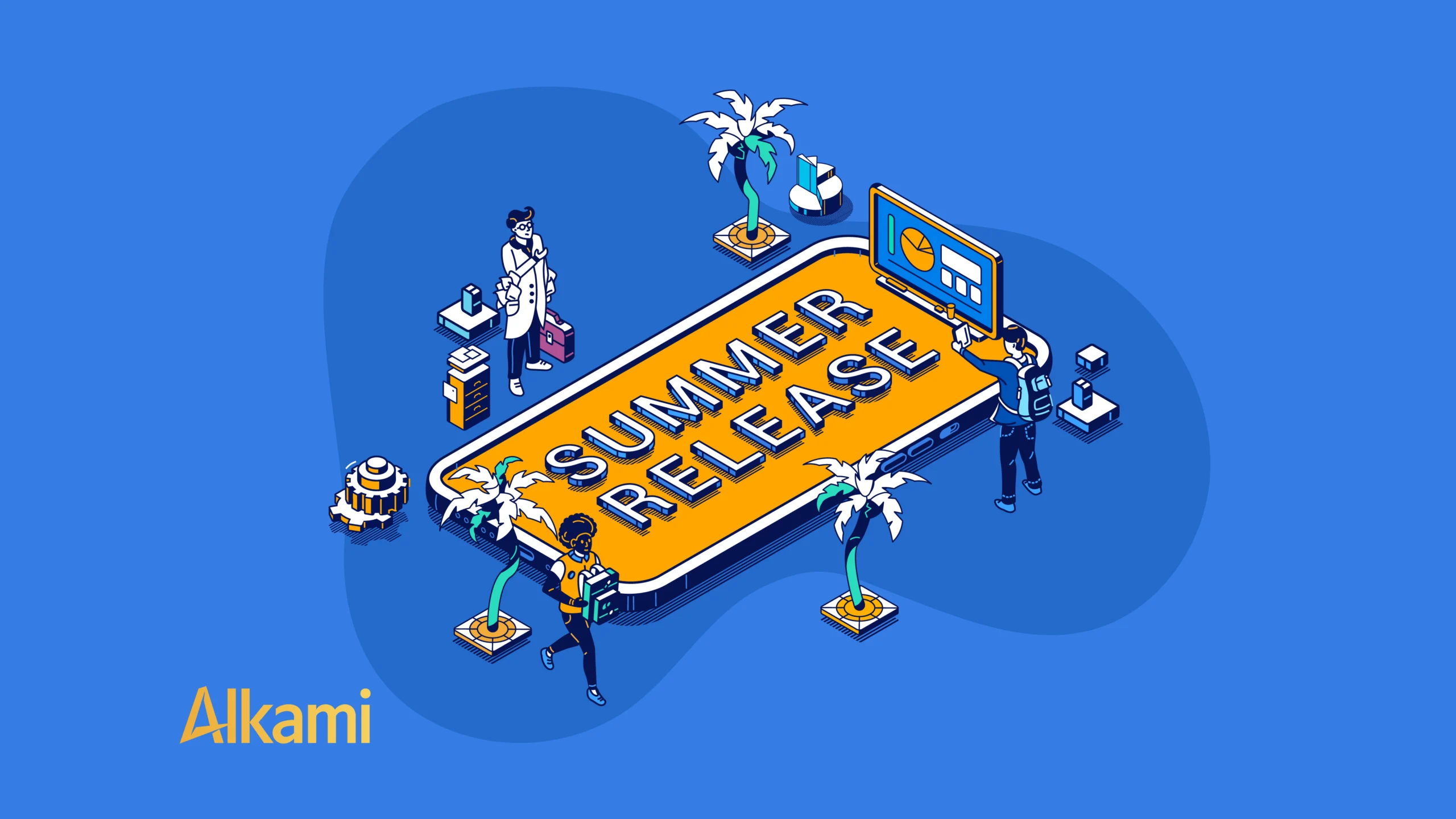 Isometric illustration on a blue background featuring a large orange banner with bold text (appears to read 'ANSWER...') surrounded by people, palm trees, and a monitor, suggesting a digital or fintech concept by Alkami.