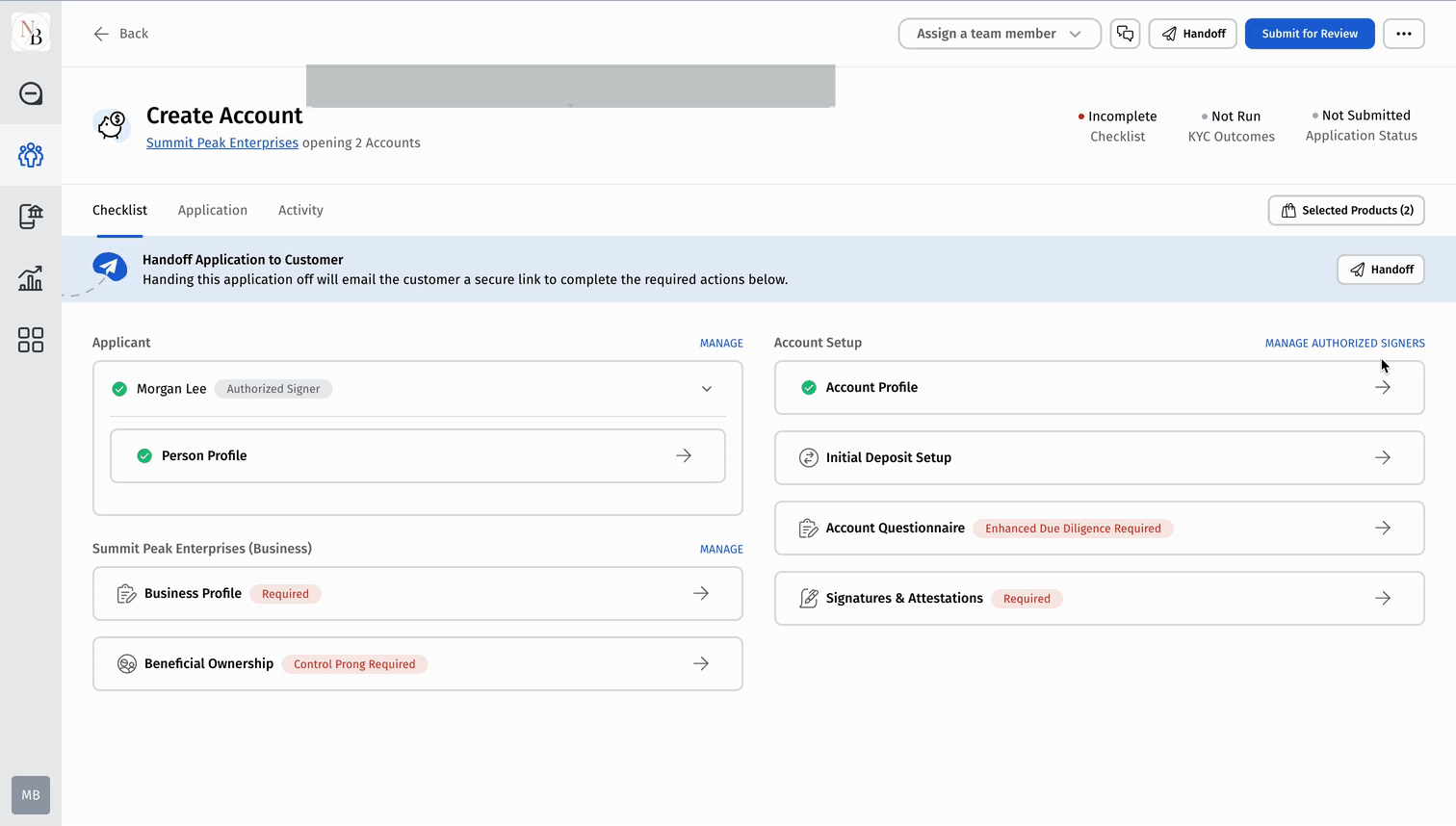 Business and commercial account opening interface on the Alkami Digital Banking Platform displaying the multi-authorized signer configuration step.
