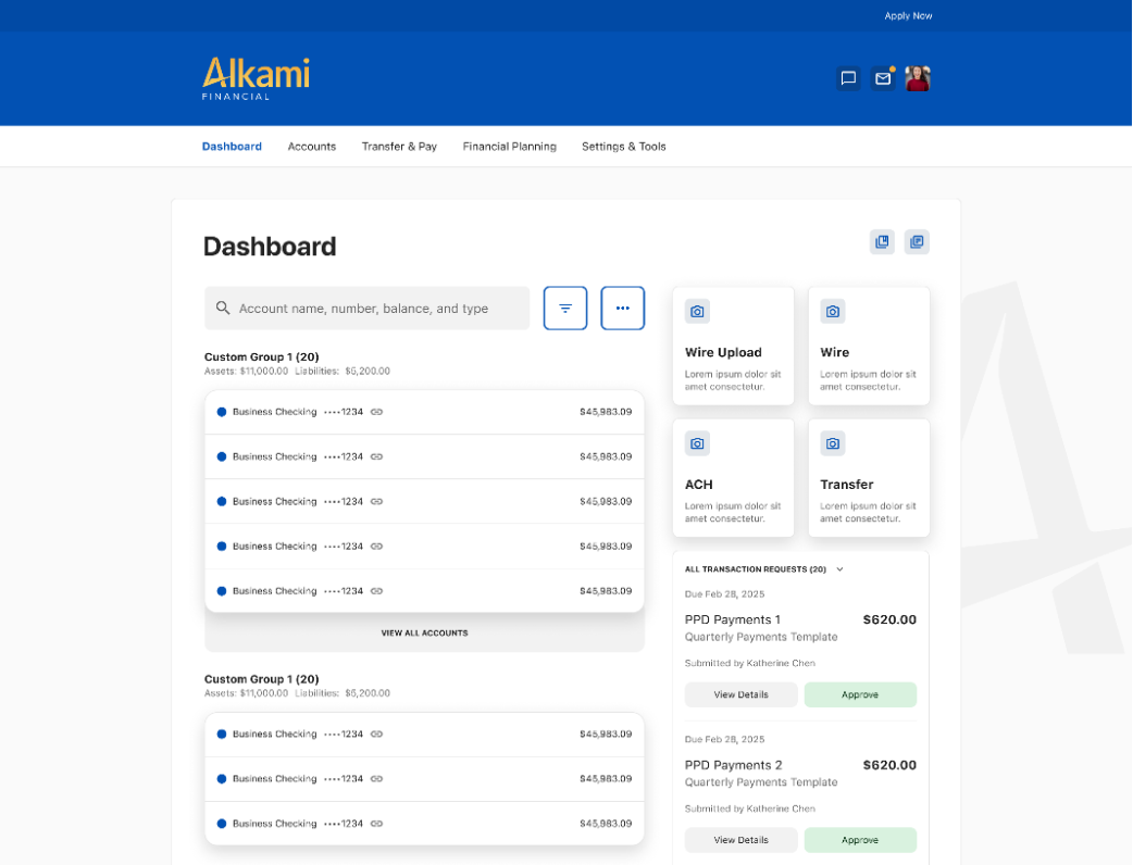 Commercial Dashboard Approvals Module on the Alkami digital banking platform showing prioritized pending transaction requests.