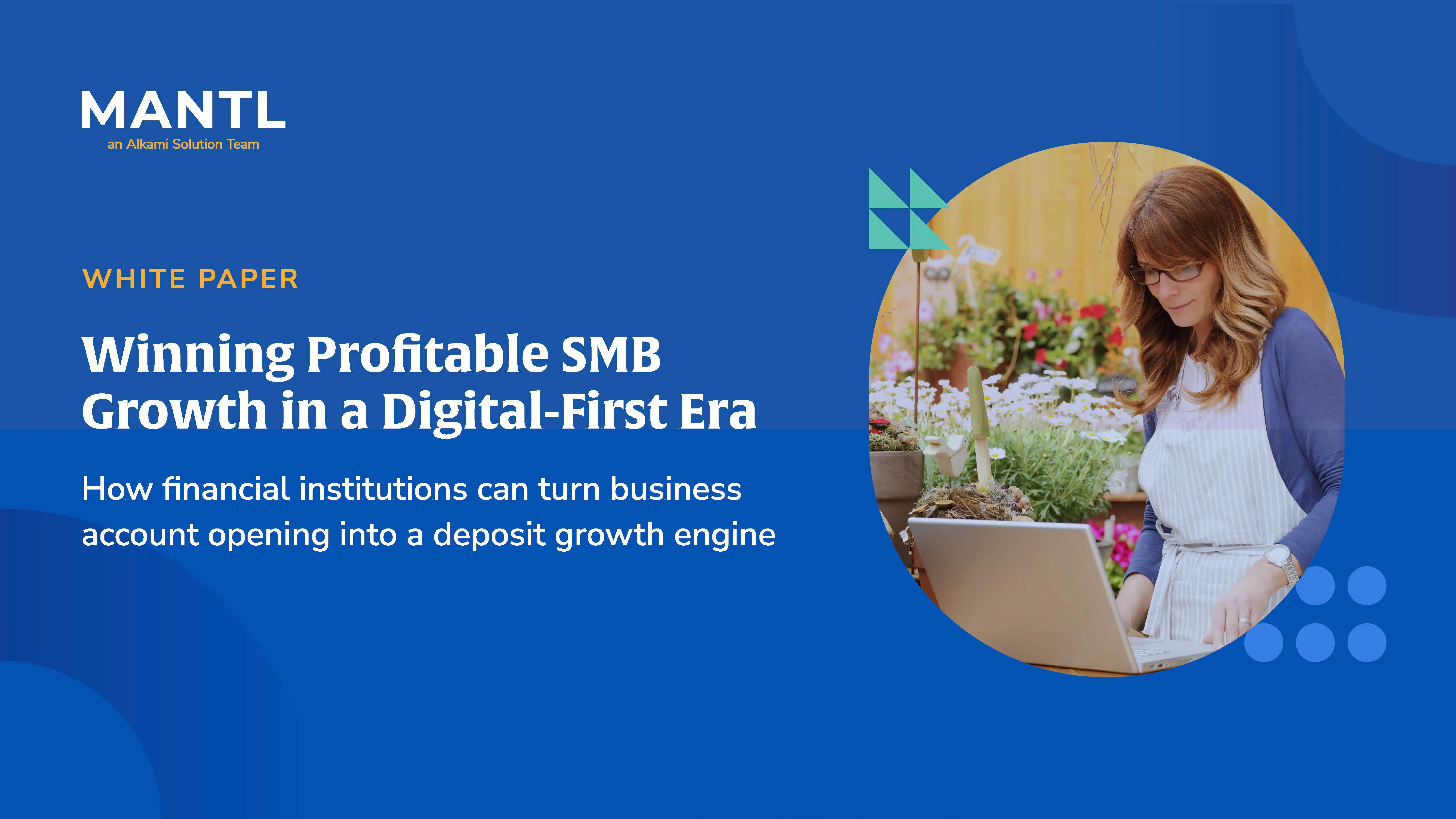 Cover image for a white paper: 'Winning Profitable SMB Growth in a Digital-First Era' with a woman using a laptop in a garden setting on a blue background