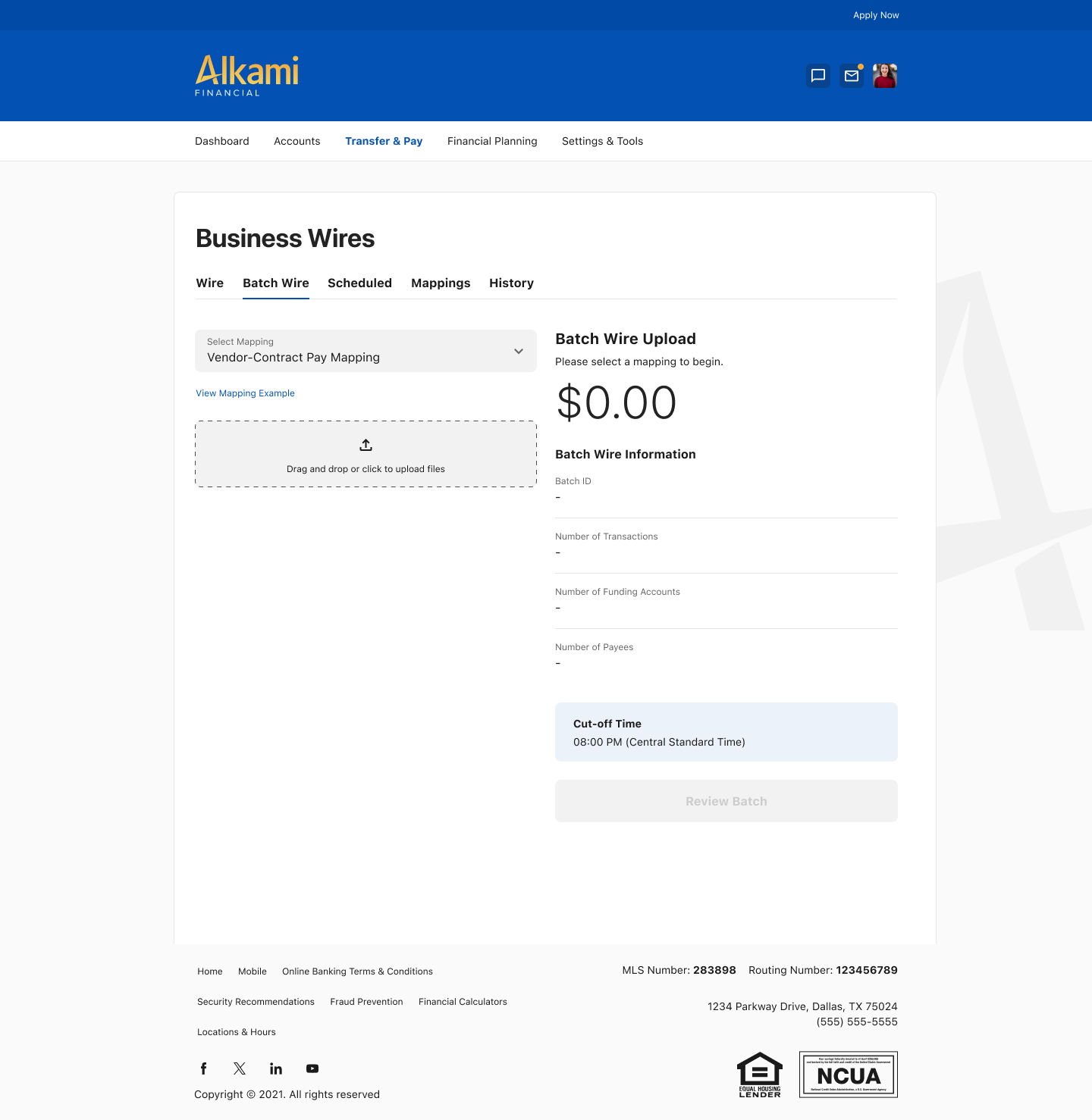 Wire upload interface within the Alkami digital banking platform featuring the drag-and-drop file submission area.