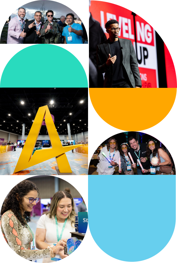 Collage of a tech conference: diverse attendees posing, a speaker on stage, expo booths, and large colorful shapes in circular cutouts.