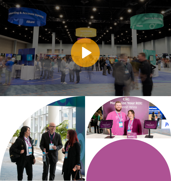 Video thumbnail of a trade show expo with attendees and booths, overlaid by a large orange play button.