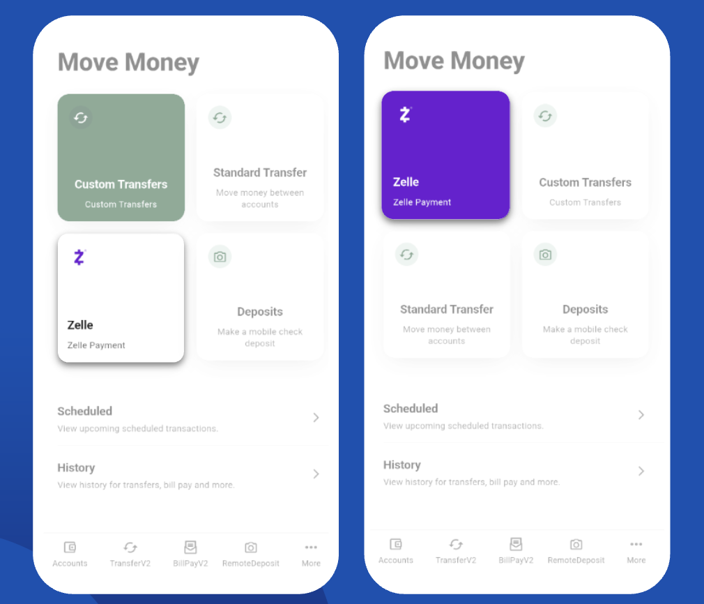Standardized Zelle tile styling displayed on the money movement landing page of the Alkami Digital Banking Platform.