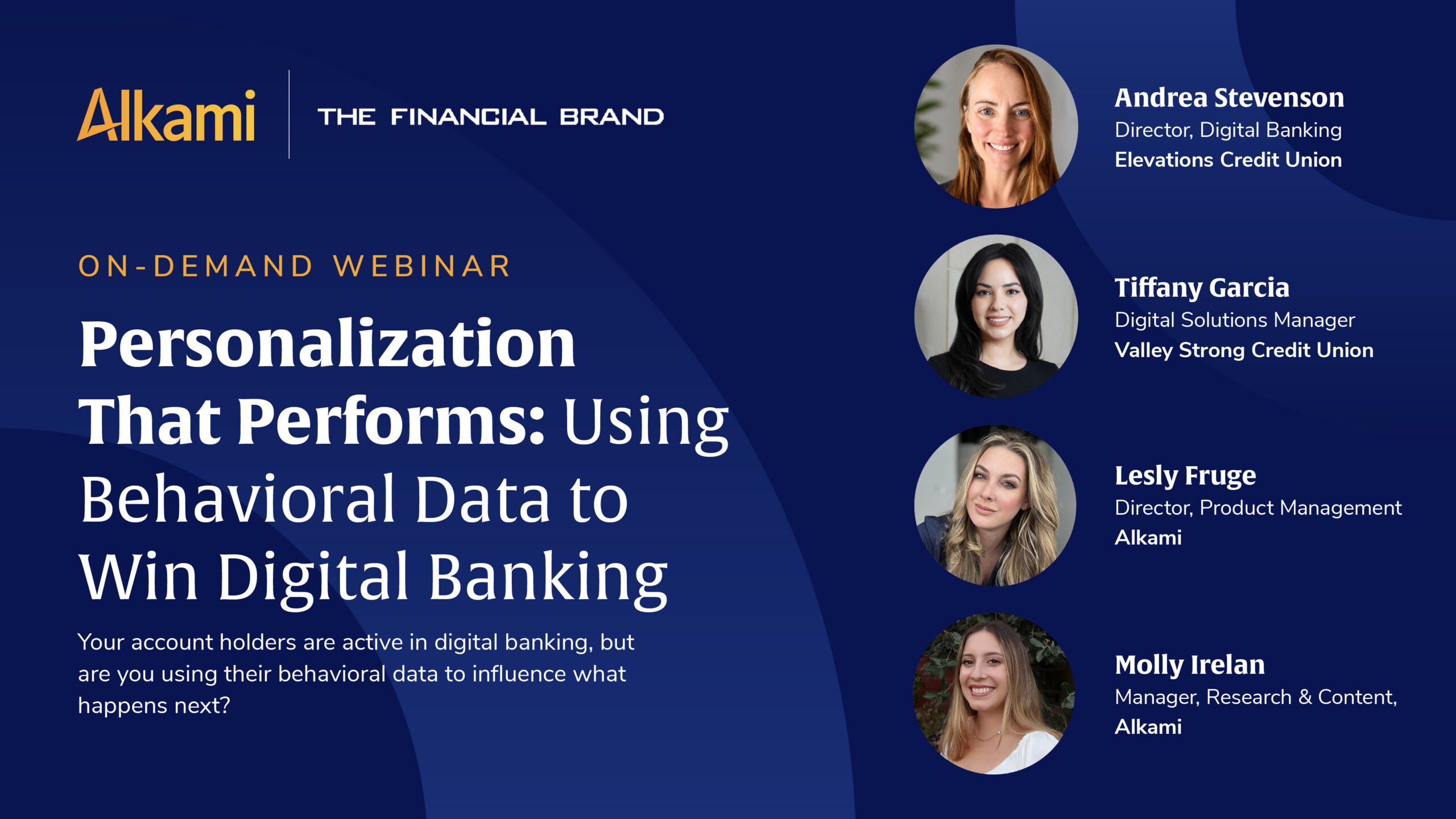 Alkami webinar banner: Personalization That Performs—Using Behavioral Data to Win Digital Banking, with three speaker headshots on the right.
