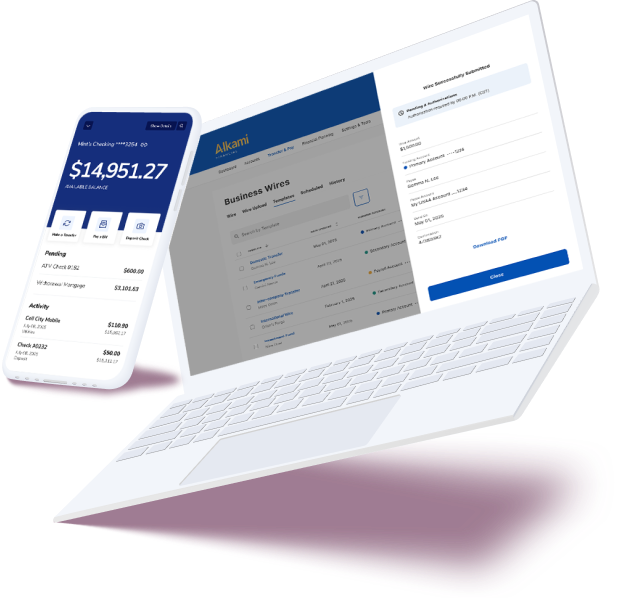 Laptop and smartphone display a fintech dashboard across devices, showing an account balance of $14,951.27 and transaction lists.