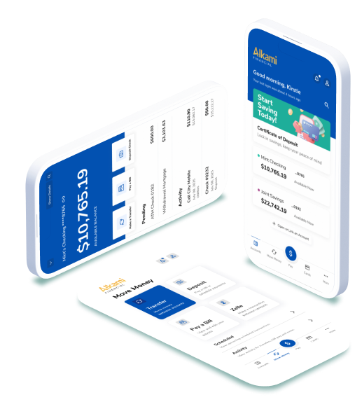 Three angled smartphones showing a blue fintech banking app with account balances and a 'Start Saving Today' banner, highlighting an overview of accounts and transfers.