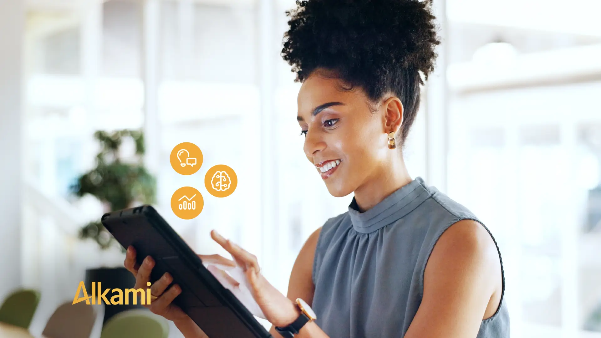 Smiling woman in a gray sleeveless top uses a tablet, with floating orange icons for support, analytics, and brain, Alkami logo bottom left.