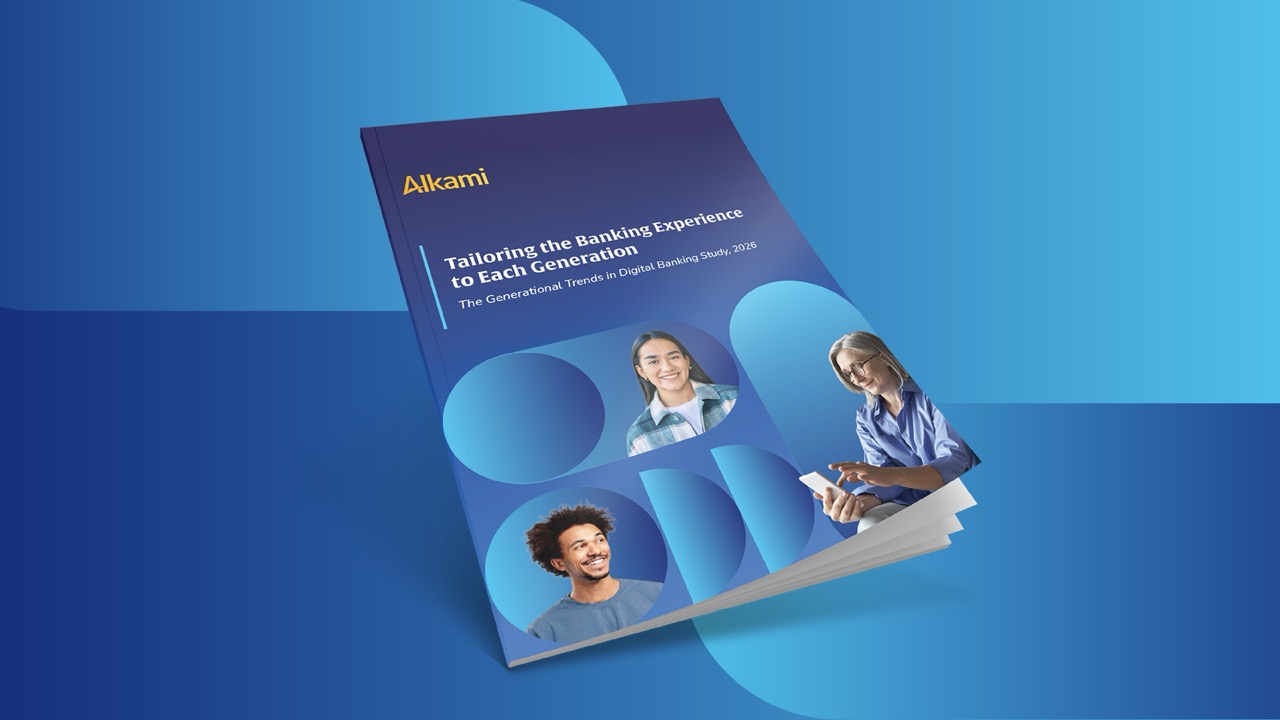 Blue Alkami brochure titled Tailoring the Banking Experience to Each Generation, with portraits of three people and abstract shapes on the cover.