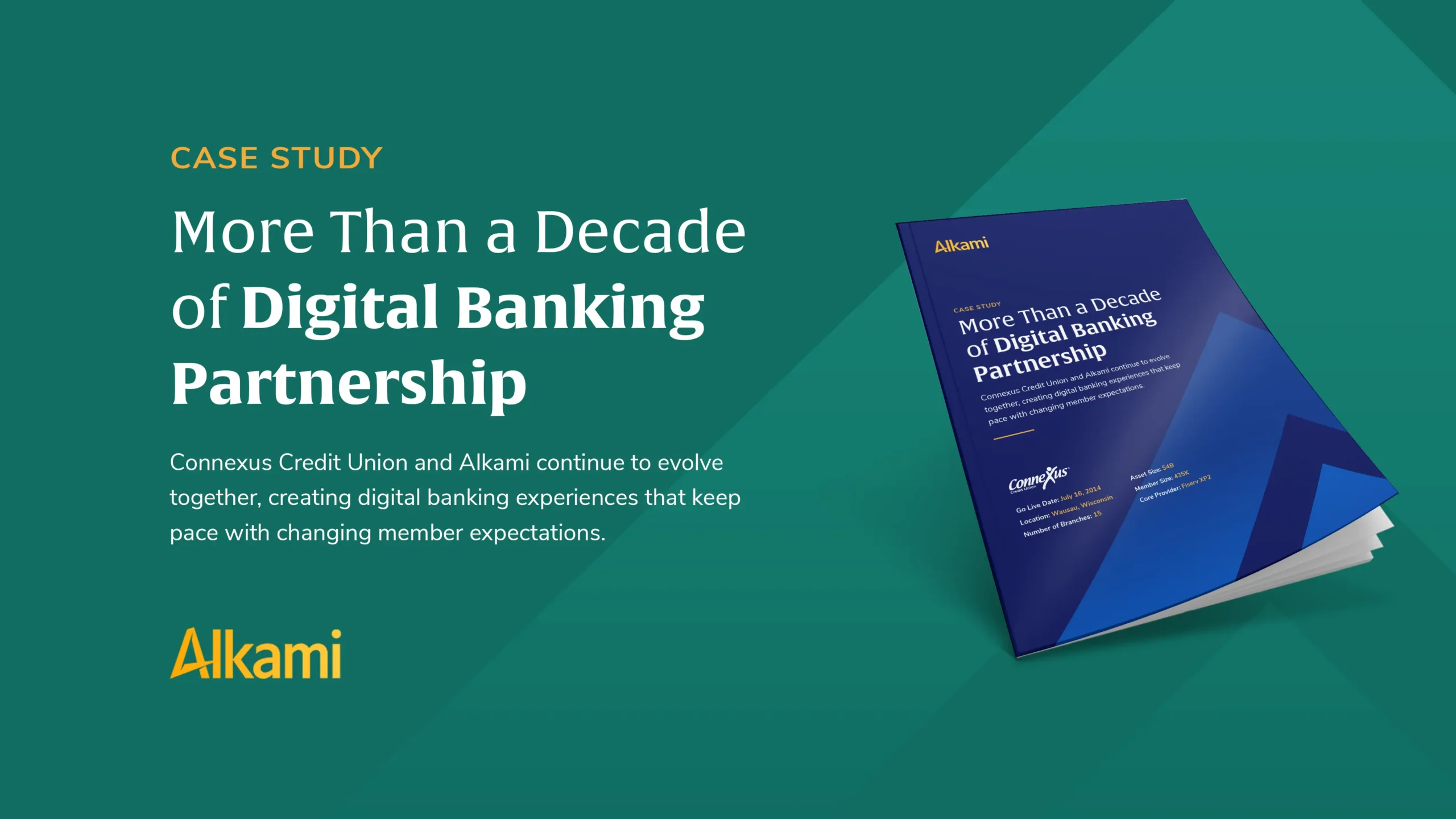 Case study banner: teal background with orange 'CASE STUDY', large white headline 'More Than a Decade of Digital Banking Partnership' and a tilted blue booklet showing Alkami logo on the right.