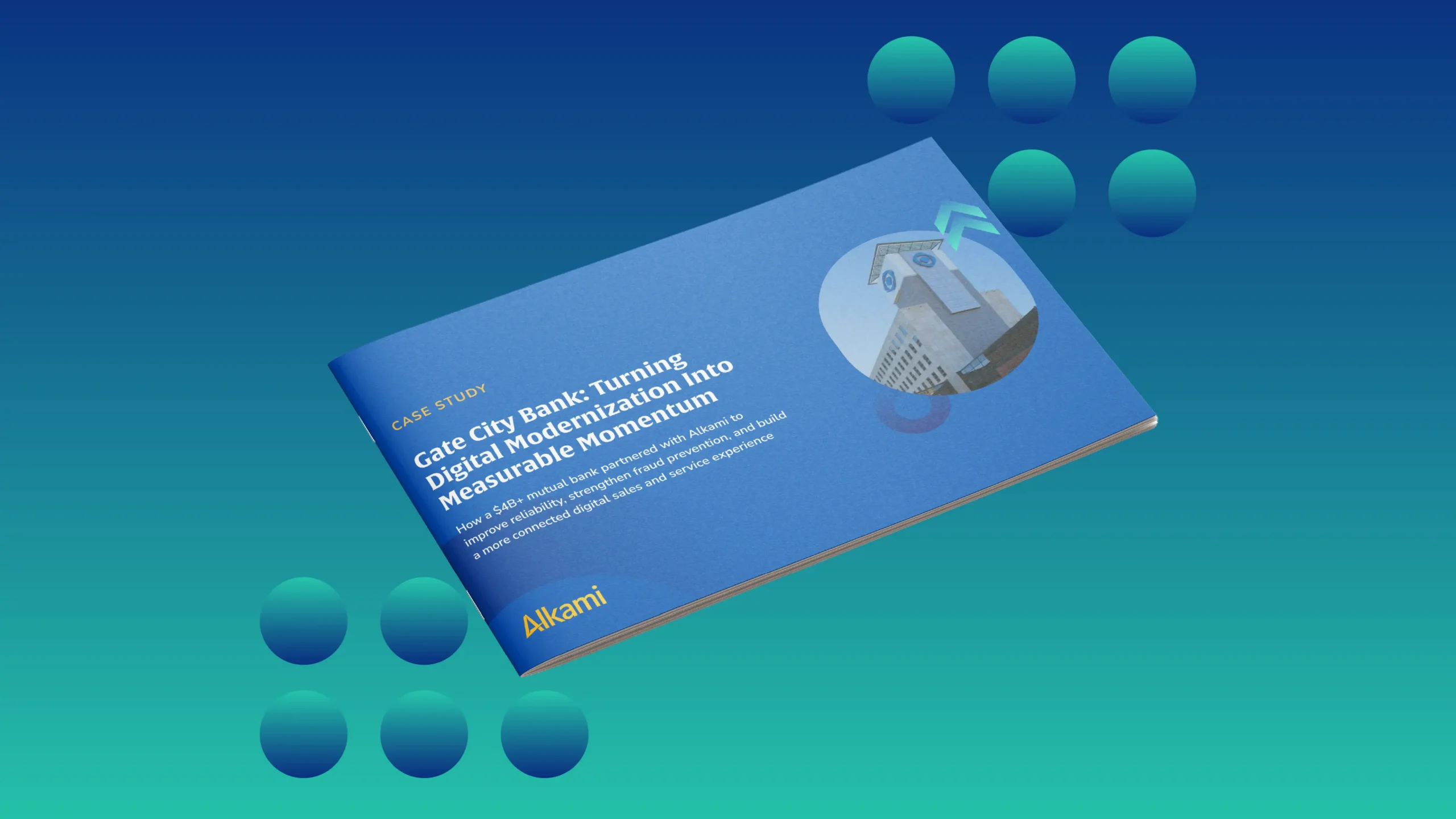 Blue case-study brochure titled 'Gate City Bank: Turning Digital Modernization into Measurable Momentum' tilted on a teal-to-blue gradient background with floating teal spheres; Alkami logo visible.