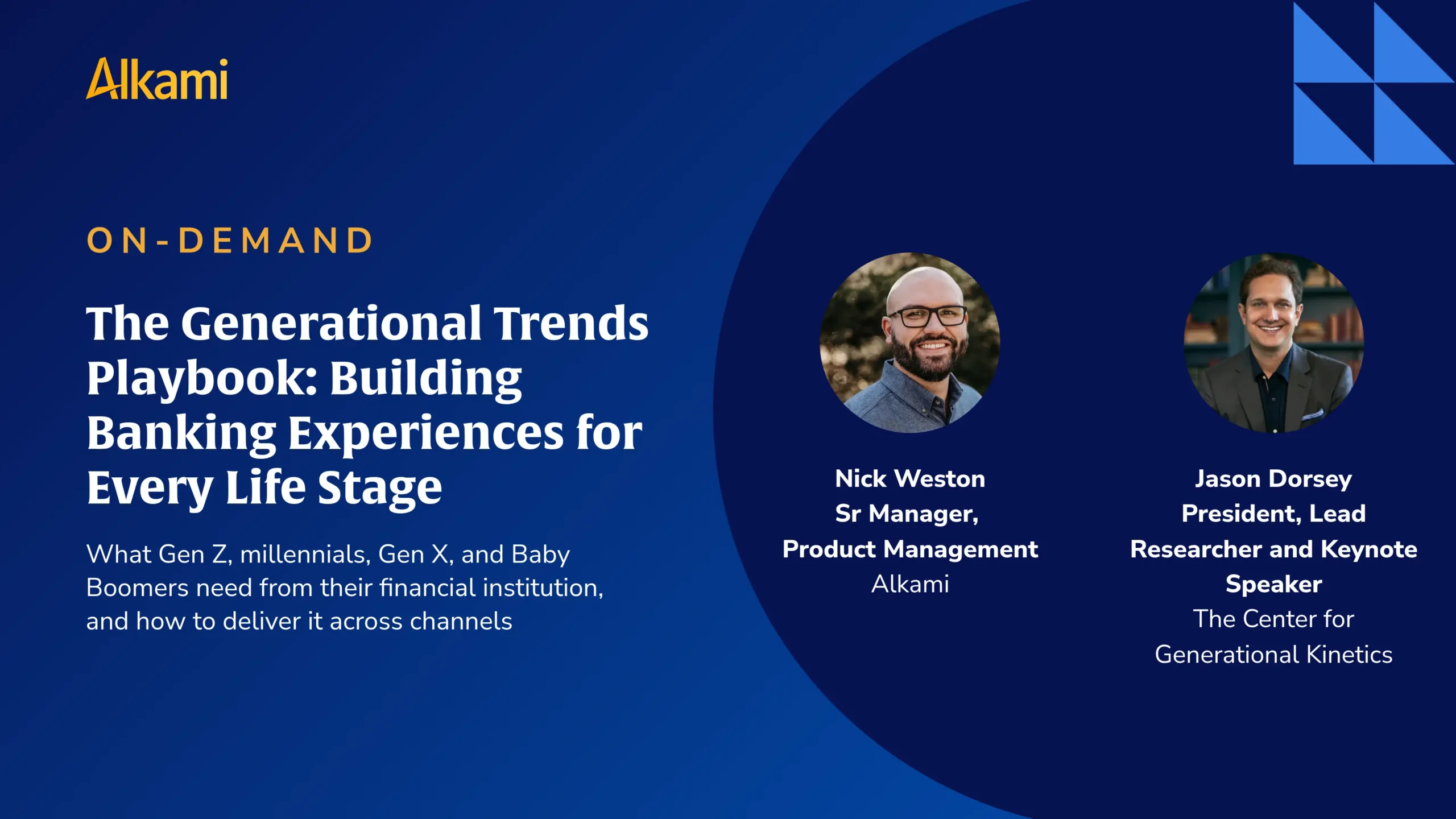 Alkami on-demand banner with the title 'The Generational Trends Playbook: Building Banking Experiences for Every Life Stage' and two speaker headshots on a blue background.