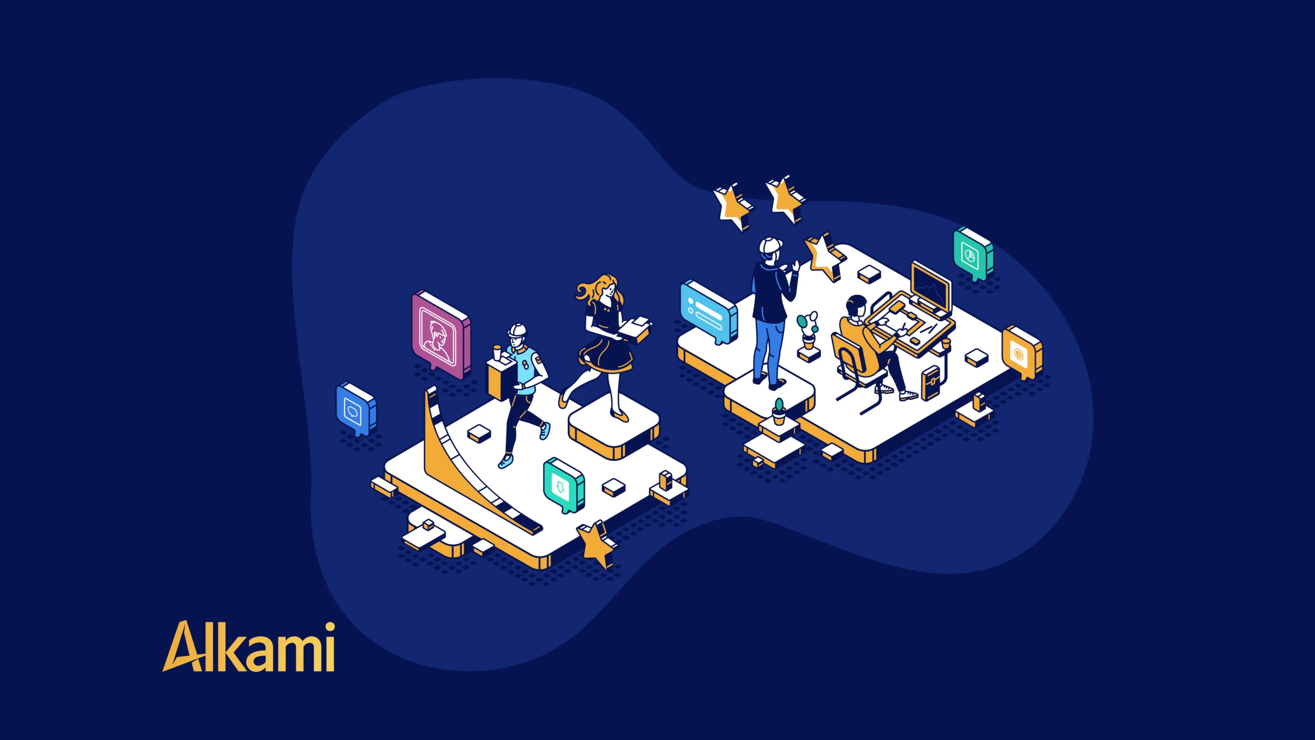 Isometric illustration of diverse professionals collaborating on digital banking tools with a large Alkami-branded layout and floating stars above.