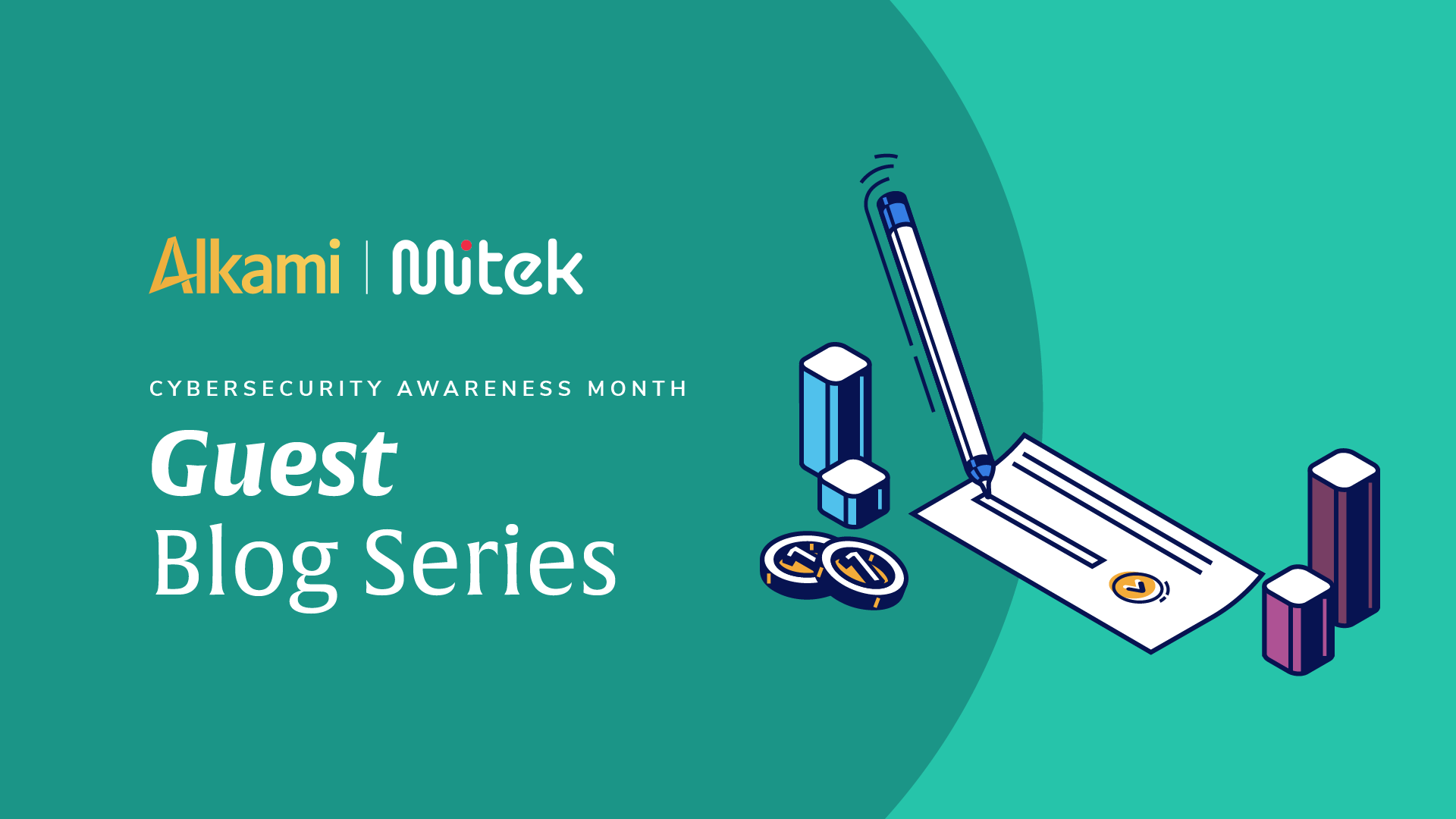 Hero banner announcing Alkami guest blog series for Cybersecurity Awareness Month with pen, paper, and coins illustration.