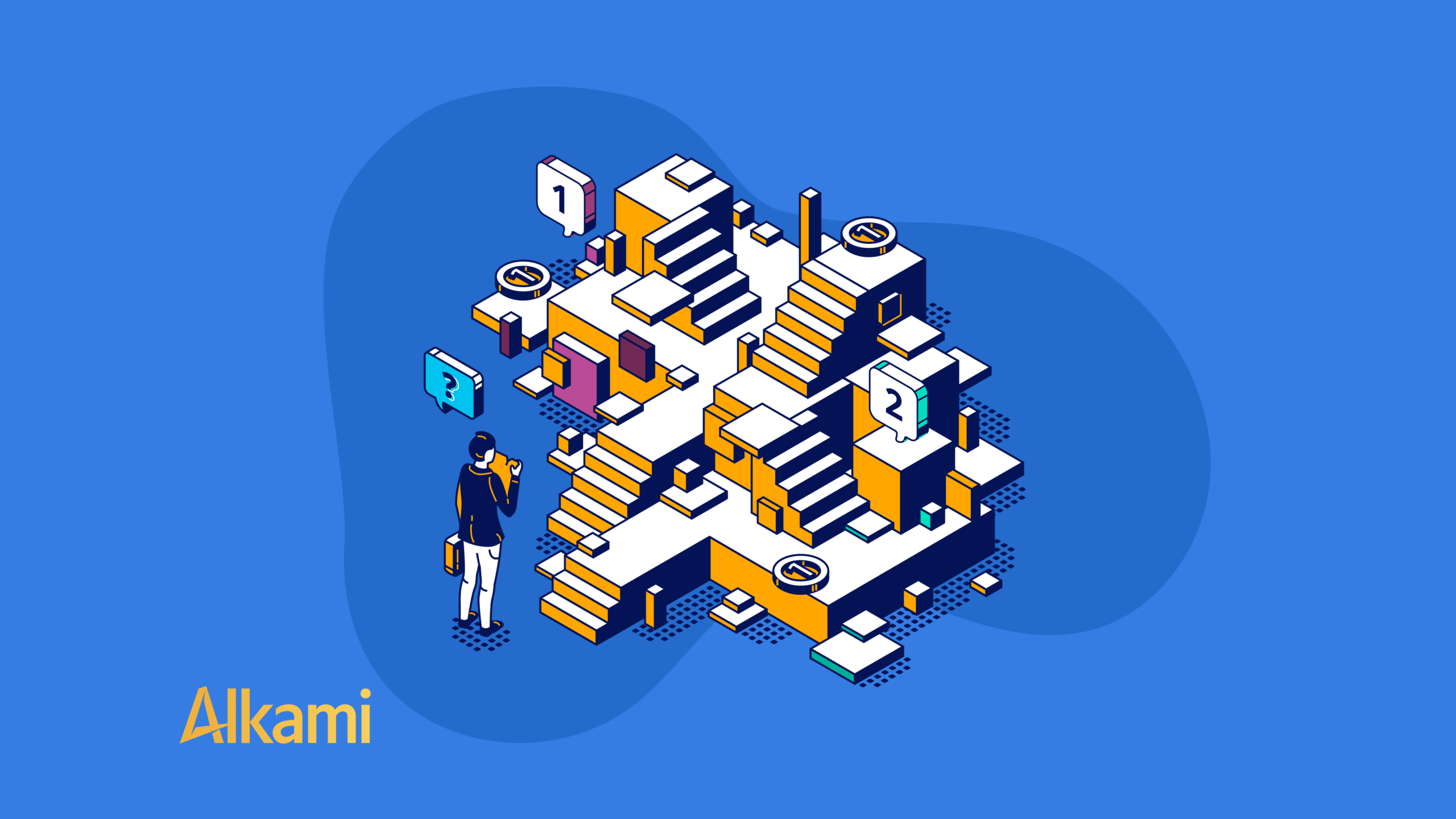 Isometric illustration of a person facing a complex orange-and-white block city, with stairs and platforms, Alkami branding at bottom left.