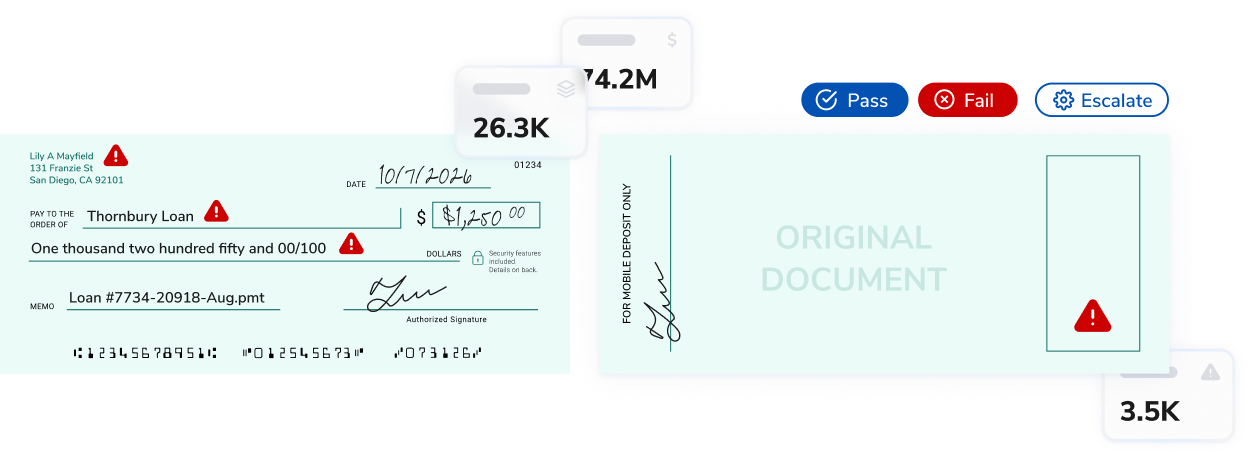 Collage of financial documents with red warning icons, a check for $81,250, a deposit slip labeled ORIGINAL DOCUMENT, and blue pass / red fail status bubbles.