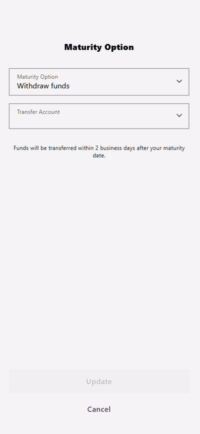 The Maturity Option experience has been updated to a modern UI that opens in a sidesheet. Additional information about each maturity option can be provided, including a link to a rate sheet for the renewal option.
