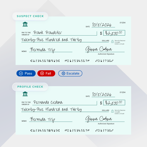 Two light teal checks on a pale geometric background, labeled Suspect Check and Profile Check, showing the name Frank Fraudster, the memo 'Bermuda Trip', and a $27,530.00 amount with Pass/Fail/Escalate controls beneath.