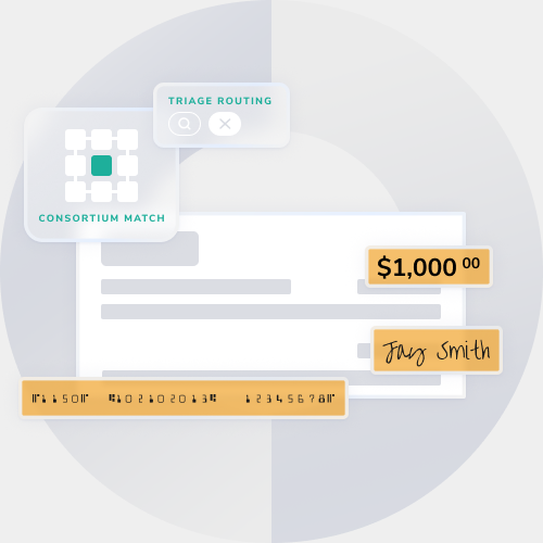 Abstract illustration of a document with a $1,000 tag, a sticky note with a name, a credit card strip, and panels labeled 'Triage Routing' and 'Consortium Match'.