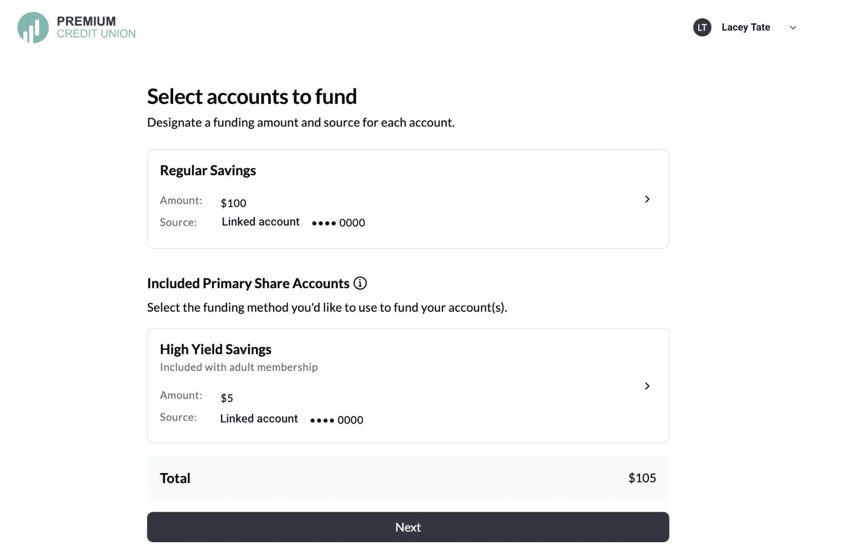select-accounts-to-fund - Alkami Technology MANTL account opening interface showing real-time funding for new accounts and shares